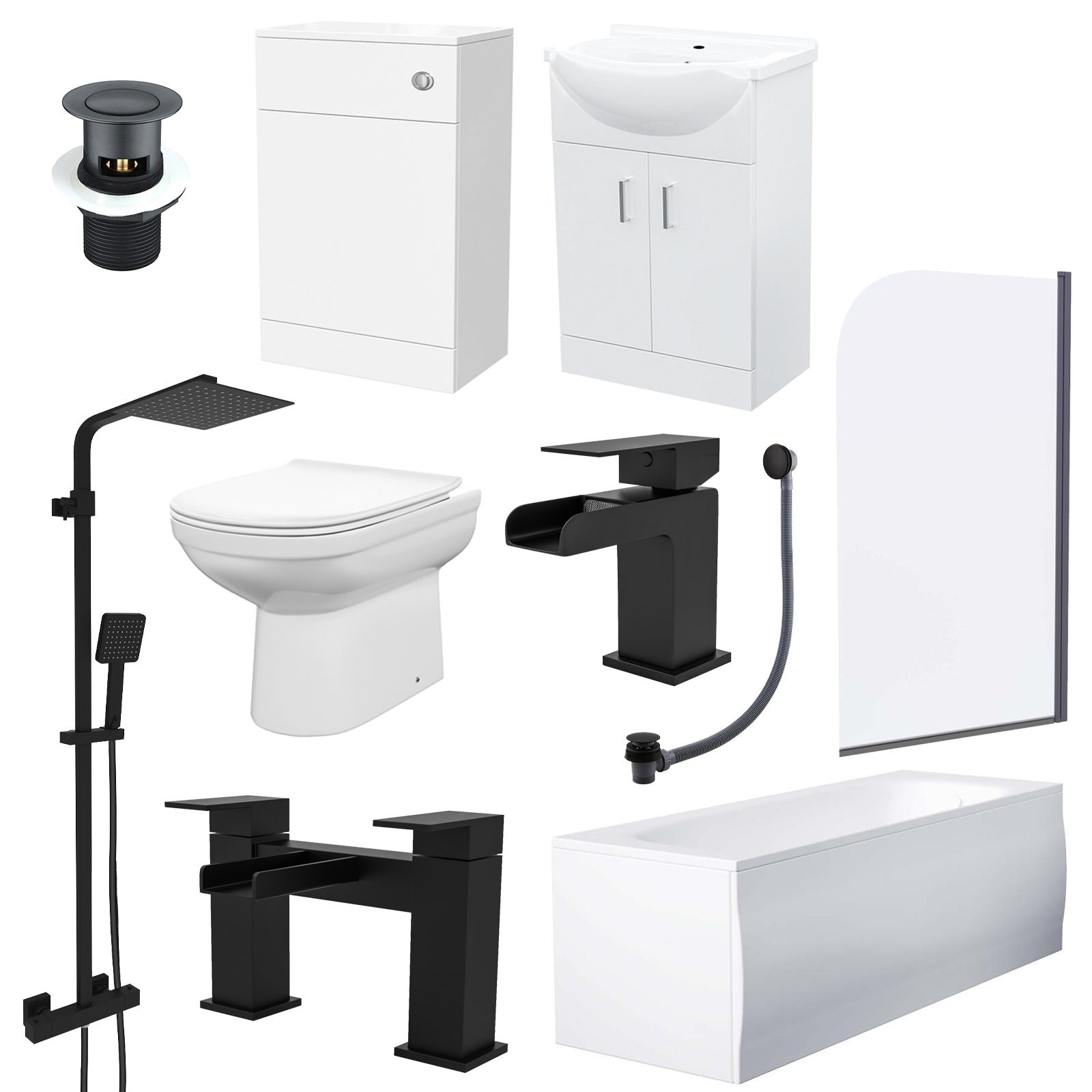 Bath Black Shower Mixer, Screen, Basin Vanity, BTW Toilet and Tap Suite