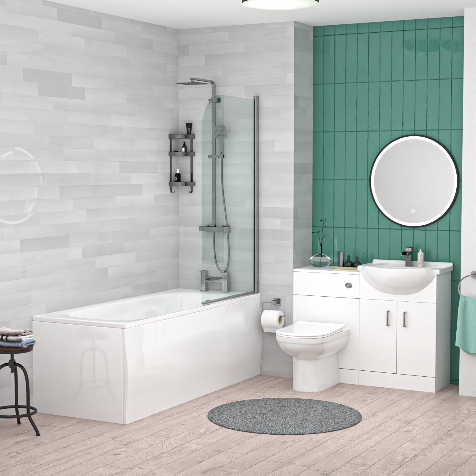 Bath With Shower Mixer, Screen, Basin Vanity, BTW Toilet and Tap Suite