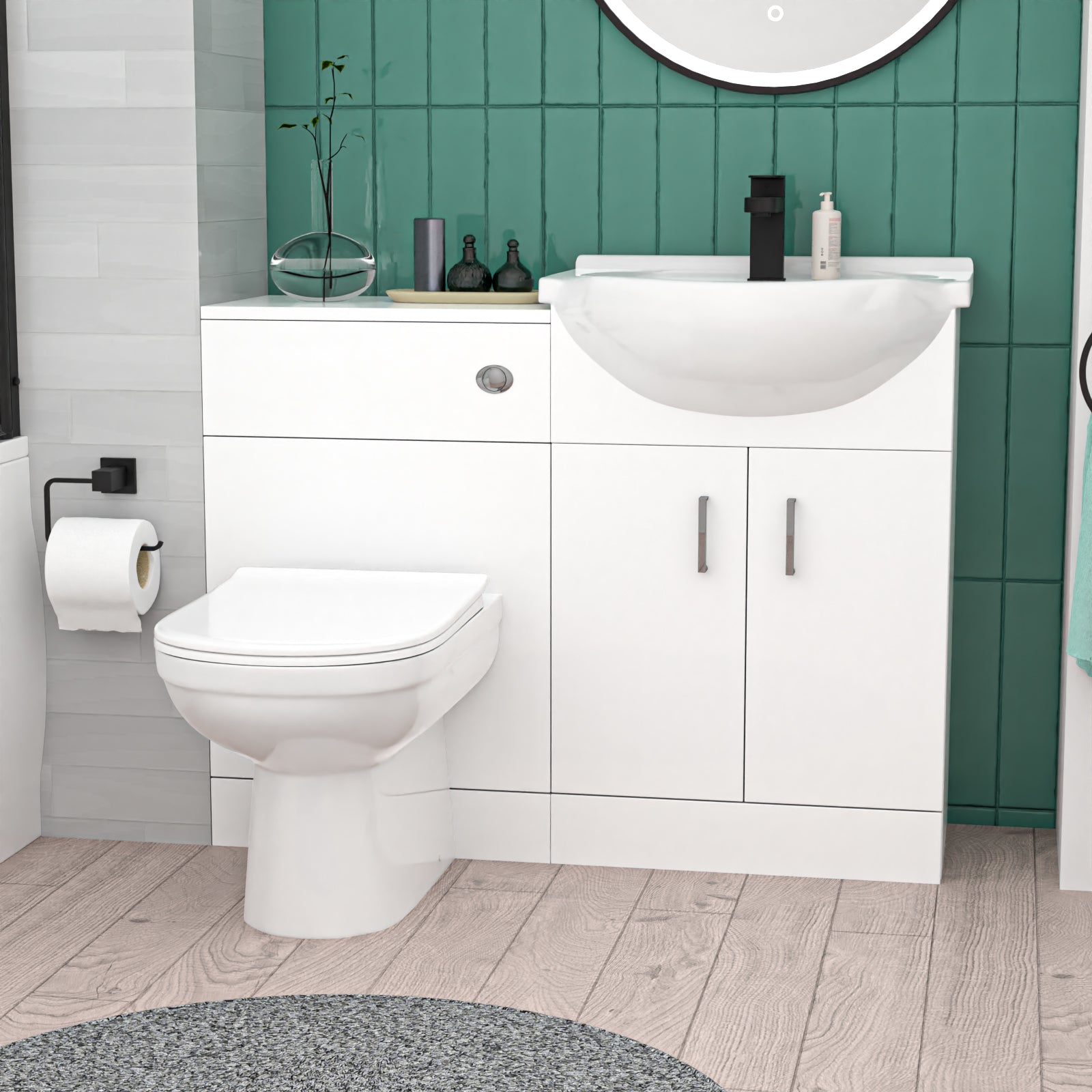 White 500mm Vanity WC Unit BTW Toilet Shower Bath & Matte Black Tap Suite