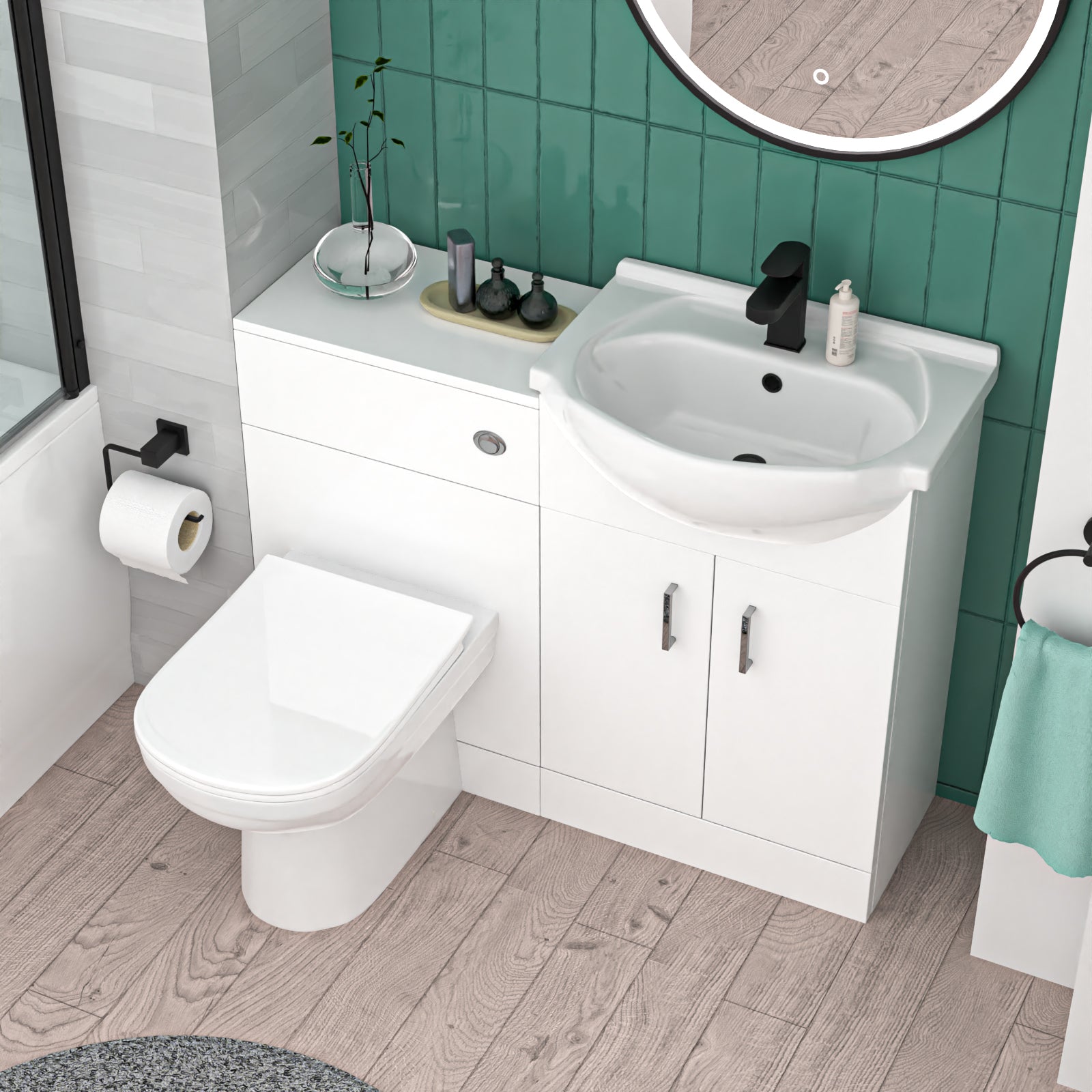 White 500mm Vanity WC Unit BTW Toilet Shower Bath & Matte Black Tap Suite