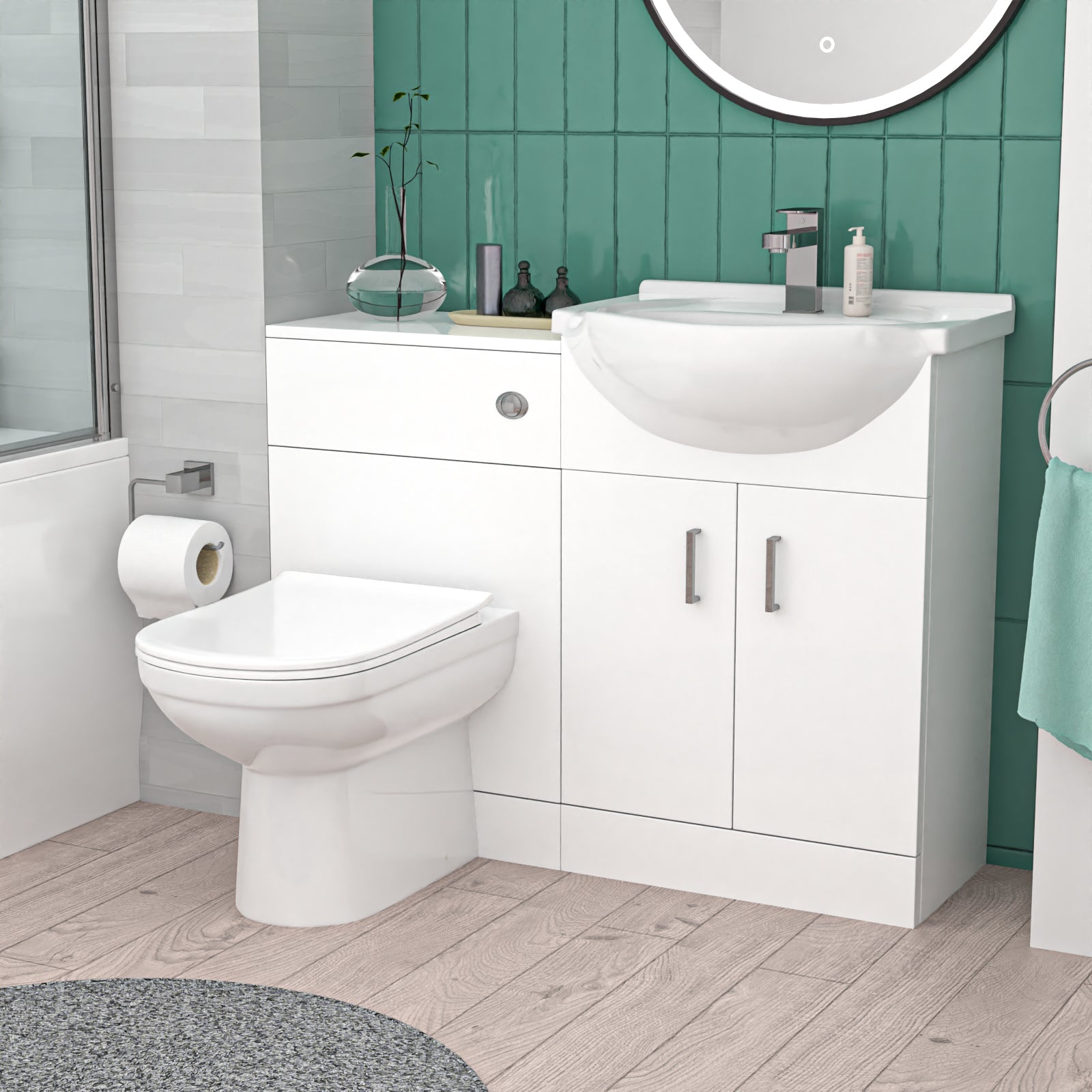 White 500mm Vanity WC Unit BTW Toilet Shower Bath & Chrome Tap Suite