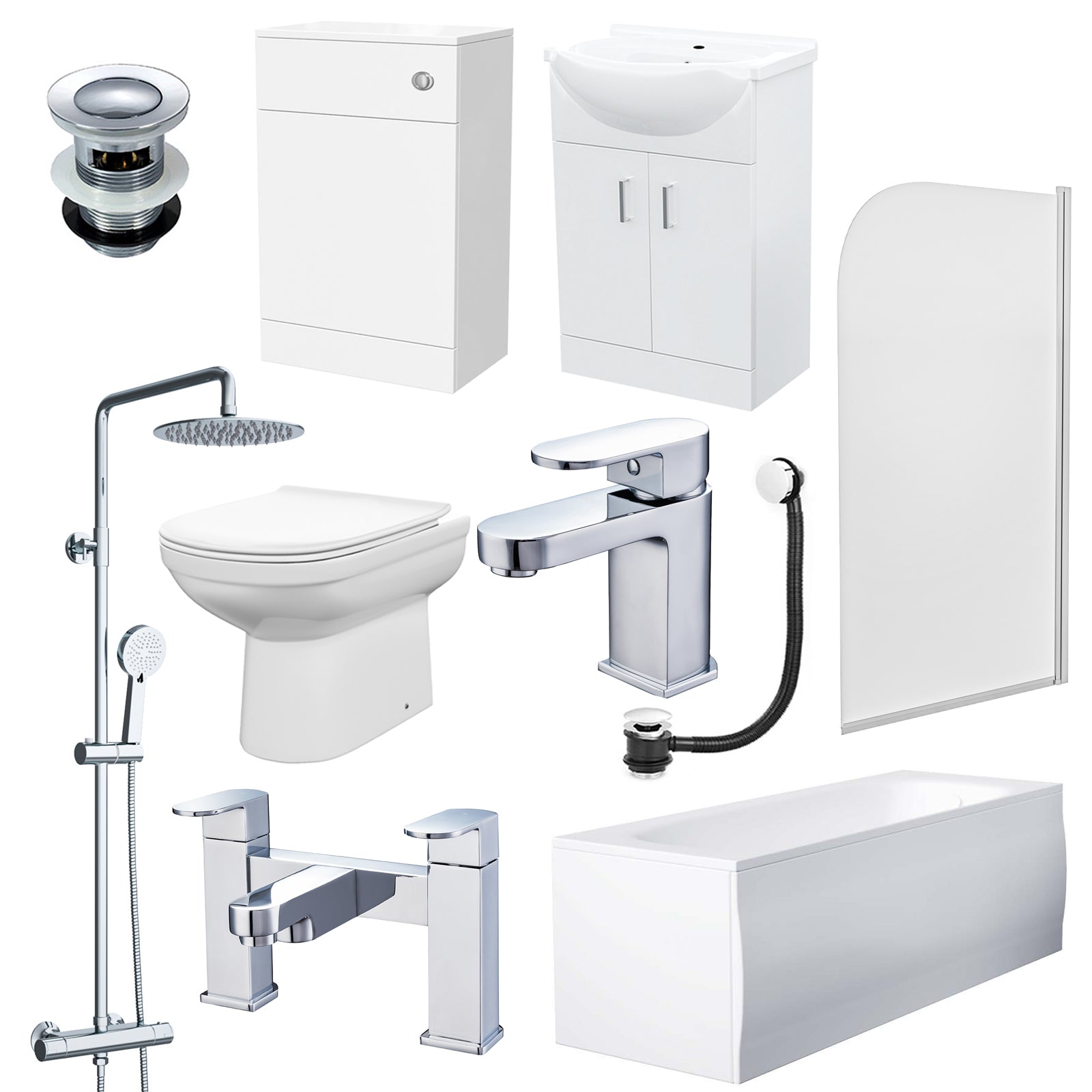 White 500mm Vanity WC Unit BTW Toilet Shower Bath & Chrome Tap Suite