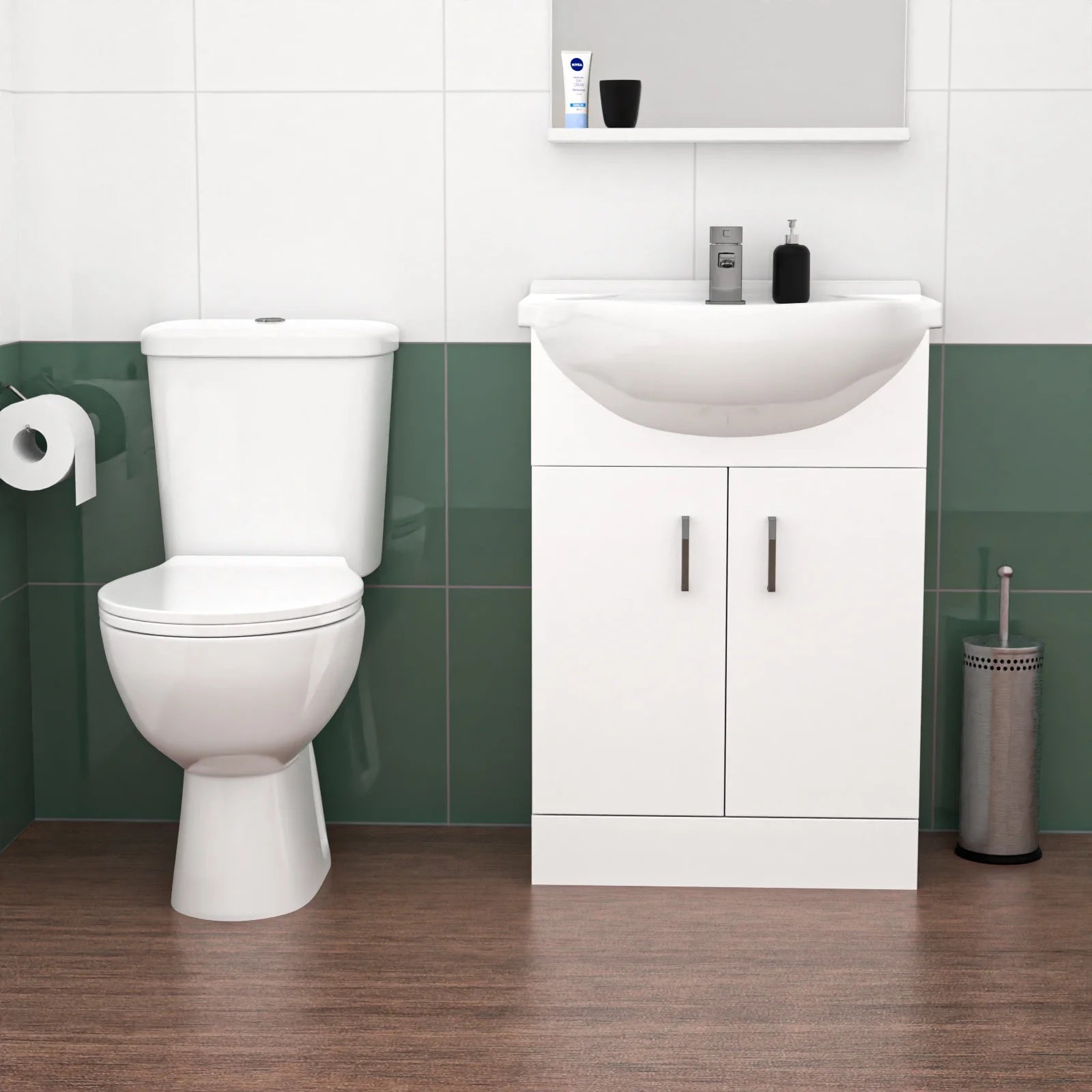 1800mm LH L Shaped Bath, Front Panel, Screen With 550mm Vanity & Toilet