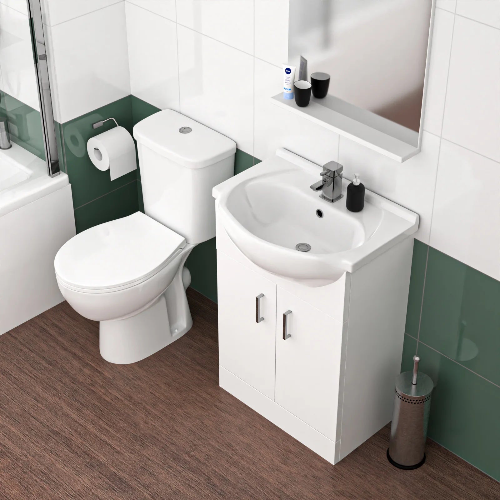 1800mm LH L Shaped Bath, Front Panel, Screen With 550mm Vanity & Toilet