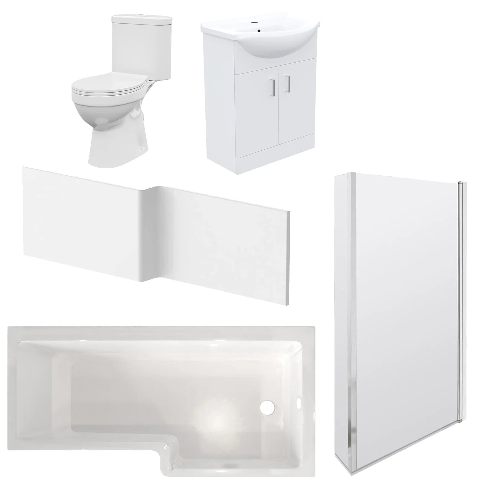 1800mm LH L Shaped Bath, Front Panel, Screen With 550mm Vanity & Toilet