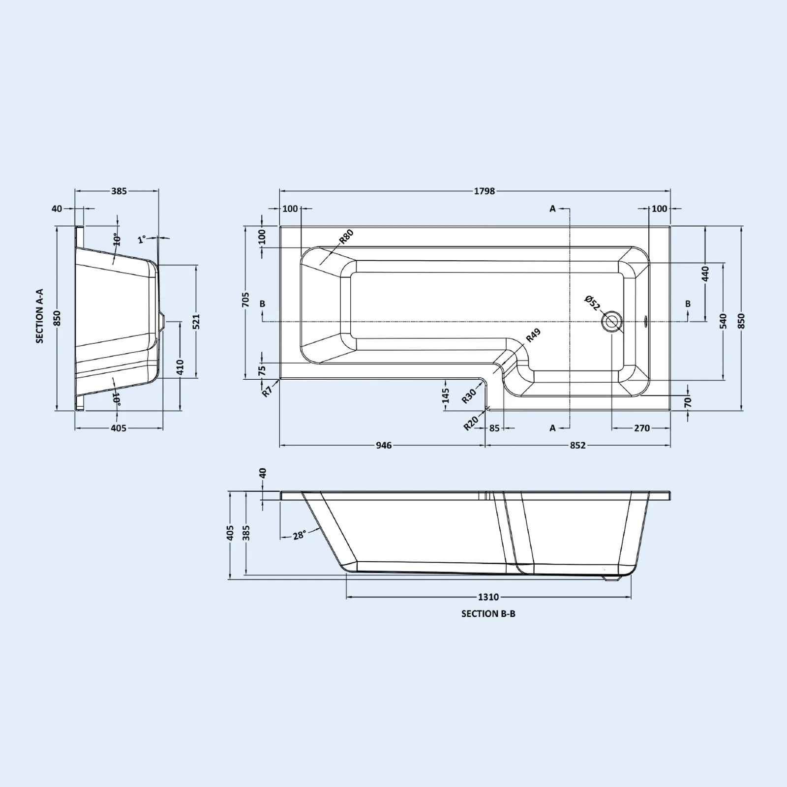 1800mm LH L Shaped Bath, Front Panel, Screen With 550mm Vanity & Toilet