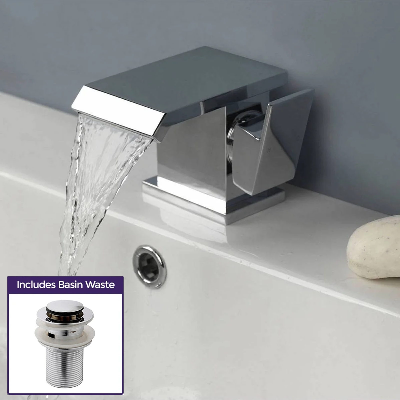 Devon Square Chrome Waterfall Basin Mixer Tap with Slotted Pop-Up Waste