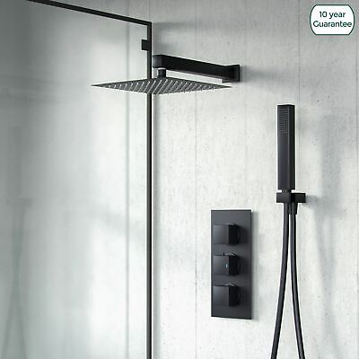 Temel Matte Black Square Shower Head Concealed Thermostatic Mixer Valve Handheld