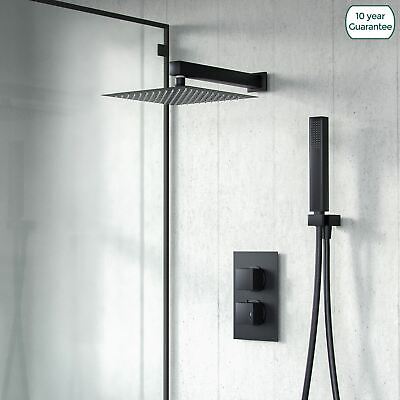 Temel Black Matt Square Rainfall Shower Head with Hand Held Thermostatic Valve