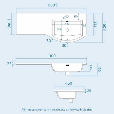 Dene White 1100mm Bathroom Freestanding P-Shaped RH Basin Vanity Unit, WC & BTW Toilet Set