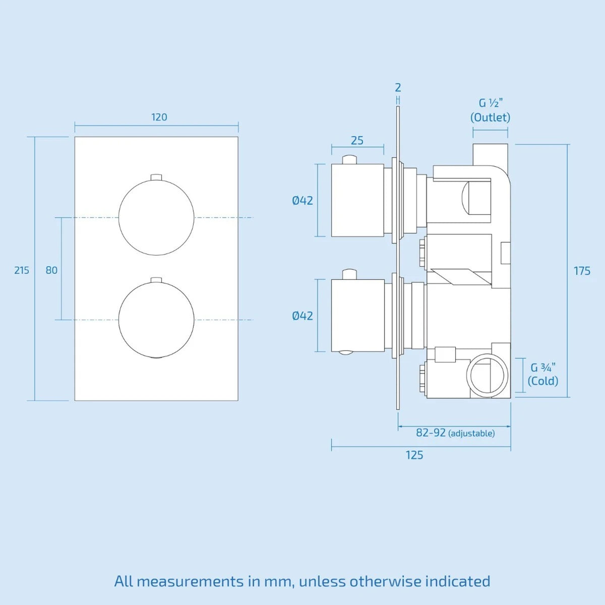2 Dial 1 Way Round Concealed Thermostatic Shower Valve & Head