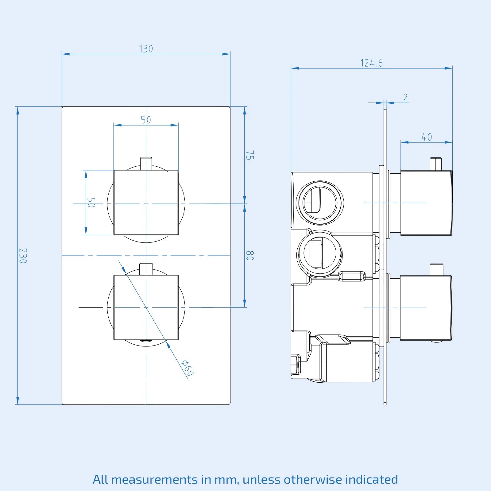 2 Dial 2 Outlet Concealed Square Thermostatic Shower Valve - Brushed Brass