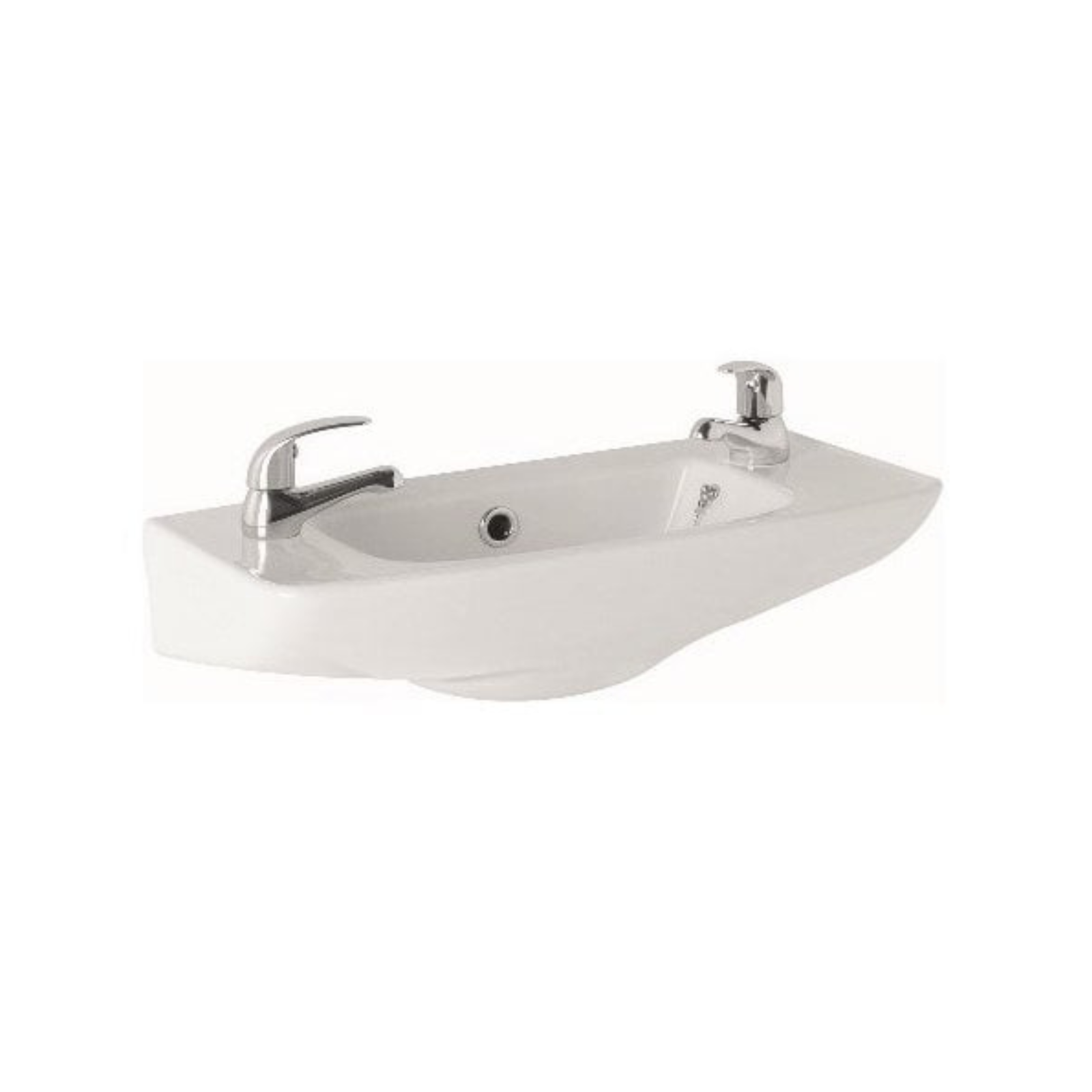 Corner wall-mounted sink with two faucets on a white background