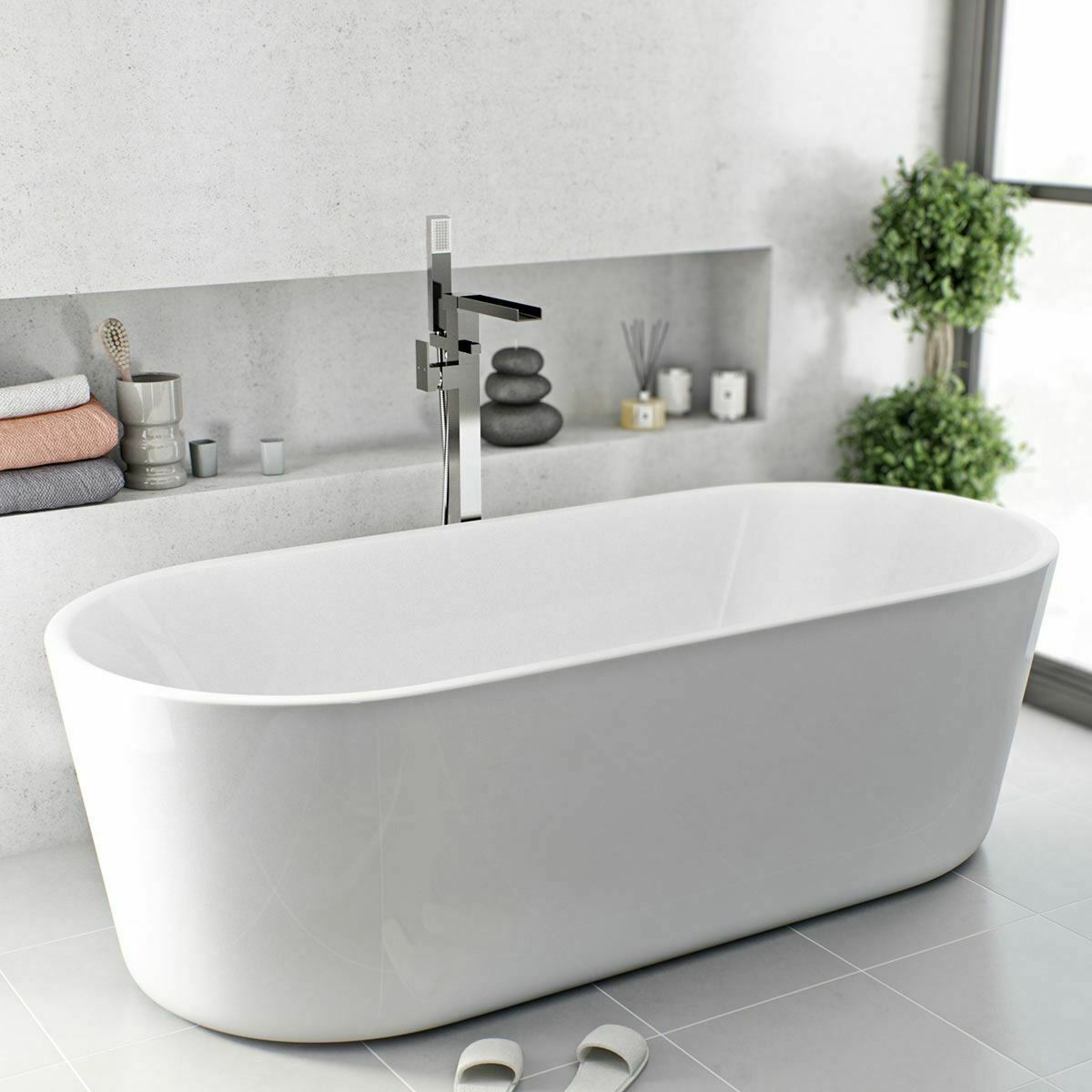 Ozone Chrome Square Freestanding Waterfall Bath Shower Mixer Modern Bathroom