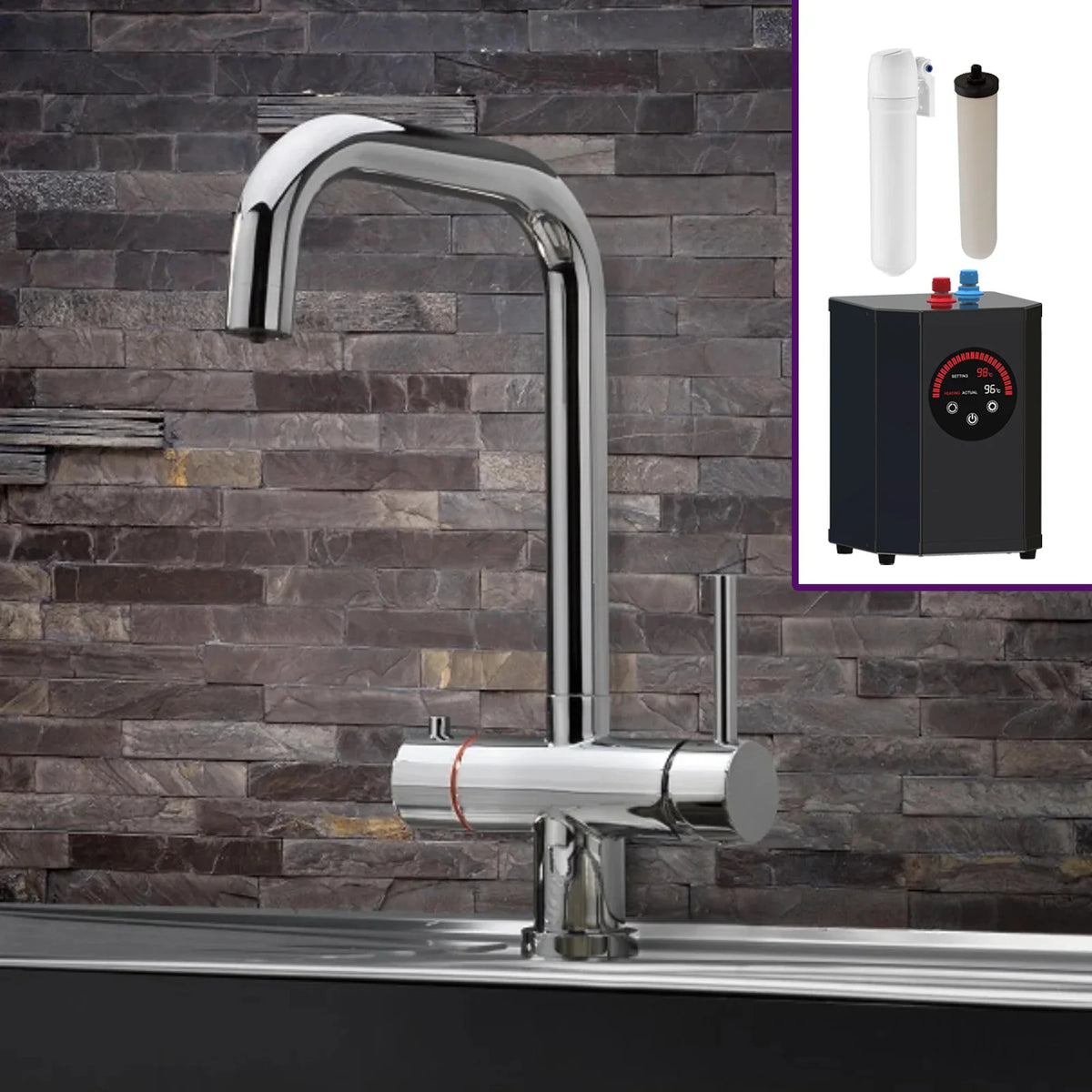 3 in 1 Single Lever Boiler Chrome Kitchen Mixer Complete Tap Set