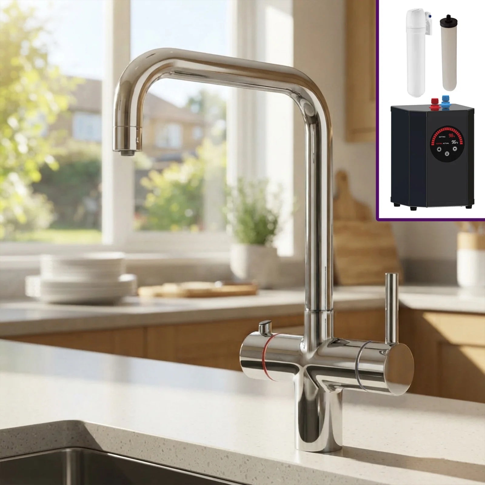 3 in 1 Single Lever Boiler Kitchen Mixer Tap Set - Chrome