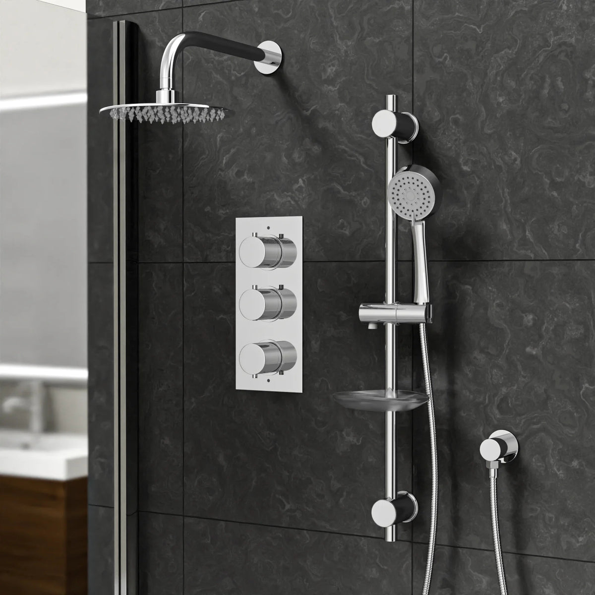 3 Dial 2 Outlet Round Concealed Thermostatic Shower Valve, Head & Arm