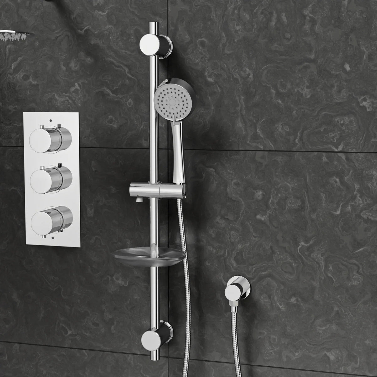 3 Dial 2 Outlet Round Concealed Thermostatic Shower Valve, Head & Arm