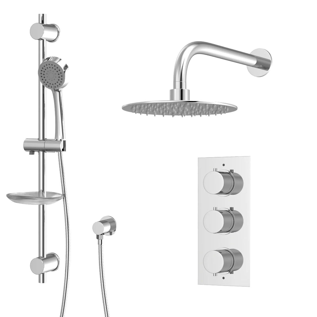 3 Dial 2 Outlet Round Concealed Thermostatic Shower Valve, Head & Arm