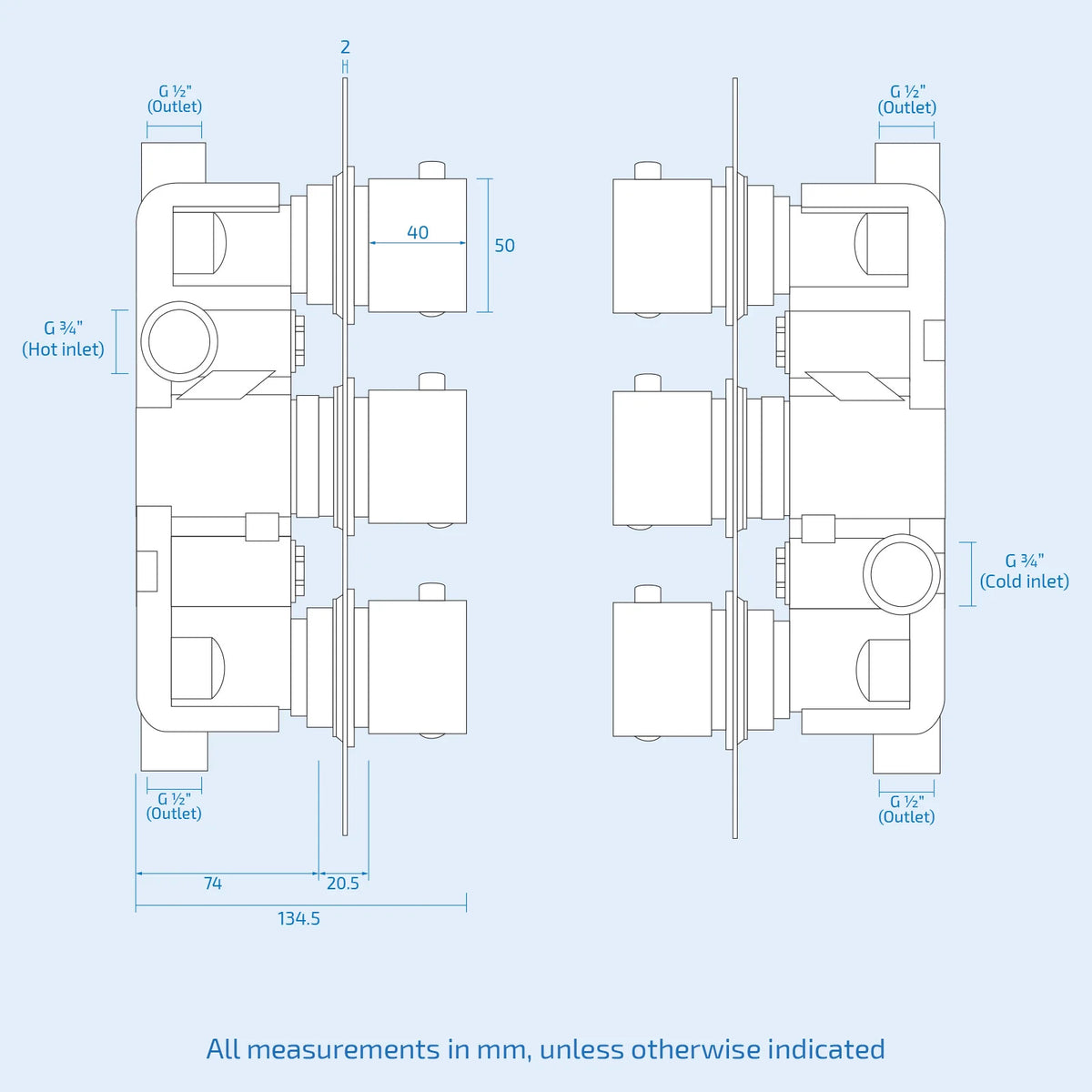 3 Dial 2 Outlet Round Concealed Thermostatic Shower Valve, Head & Arm