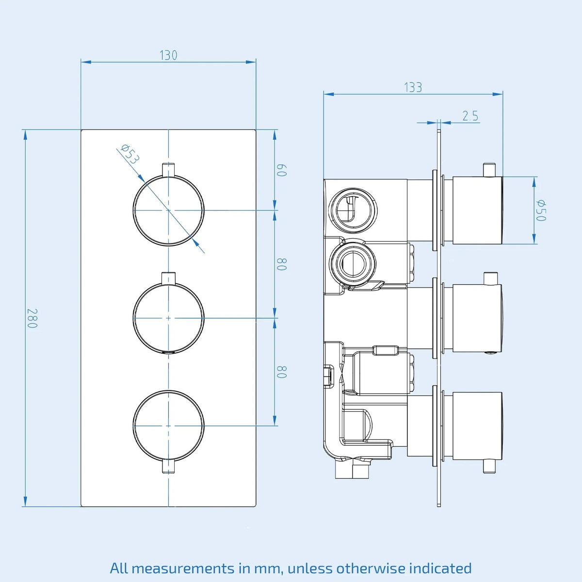3 Dial 3 Outlet Concealed Thermostatic Shower With Bath Filler & Sprung Waste