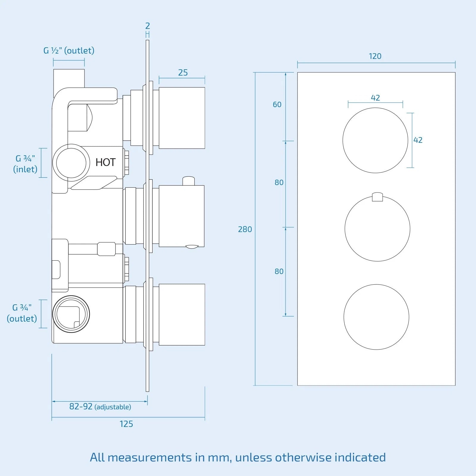 3 Dial 3 Outlet Concealed Thermostatic Shower - Round shower set