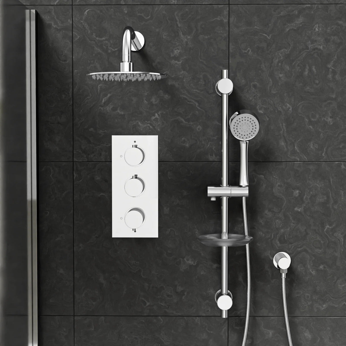 3 Dial 3 Outlet Concealed Thermostatic Shower With Thin Head, Bath Filler & Sprung Waste