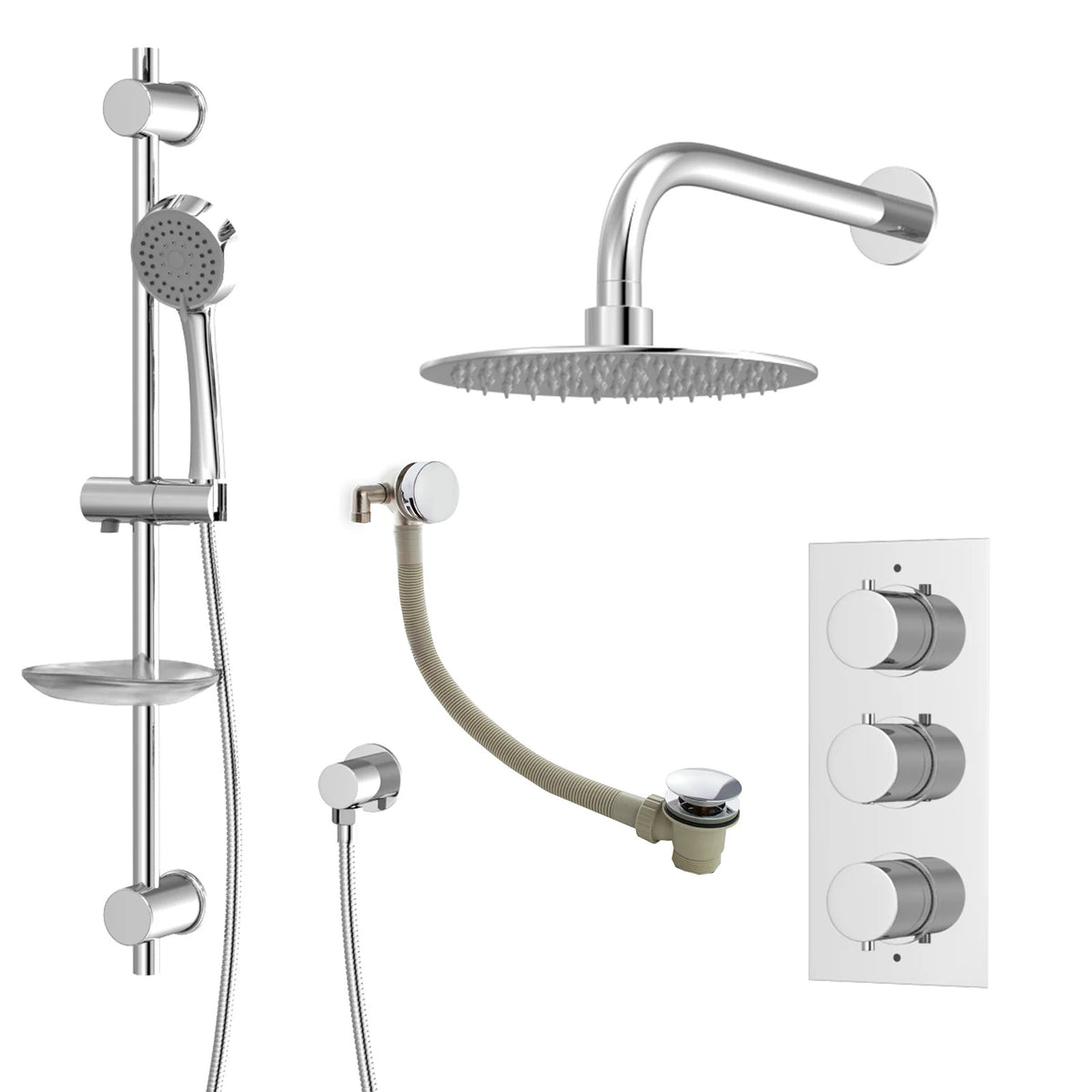 3 Dial 3 Outlet Concealed Thermostatic Shower With Thin Head, Bath Filler & Sprung Waste