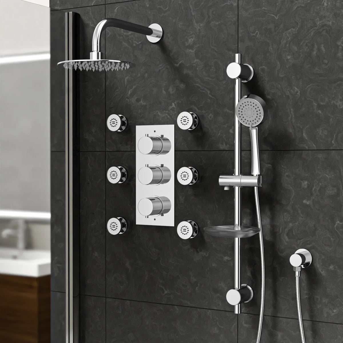 3 Dial 3 Outlet Concealed Thermostatic Shower With Thin Head & Massage Kit