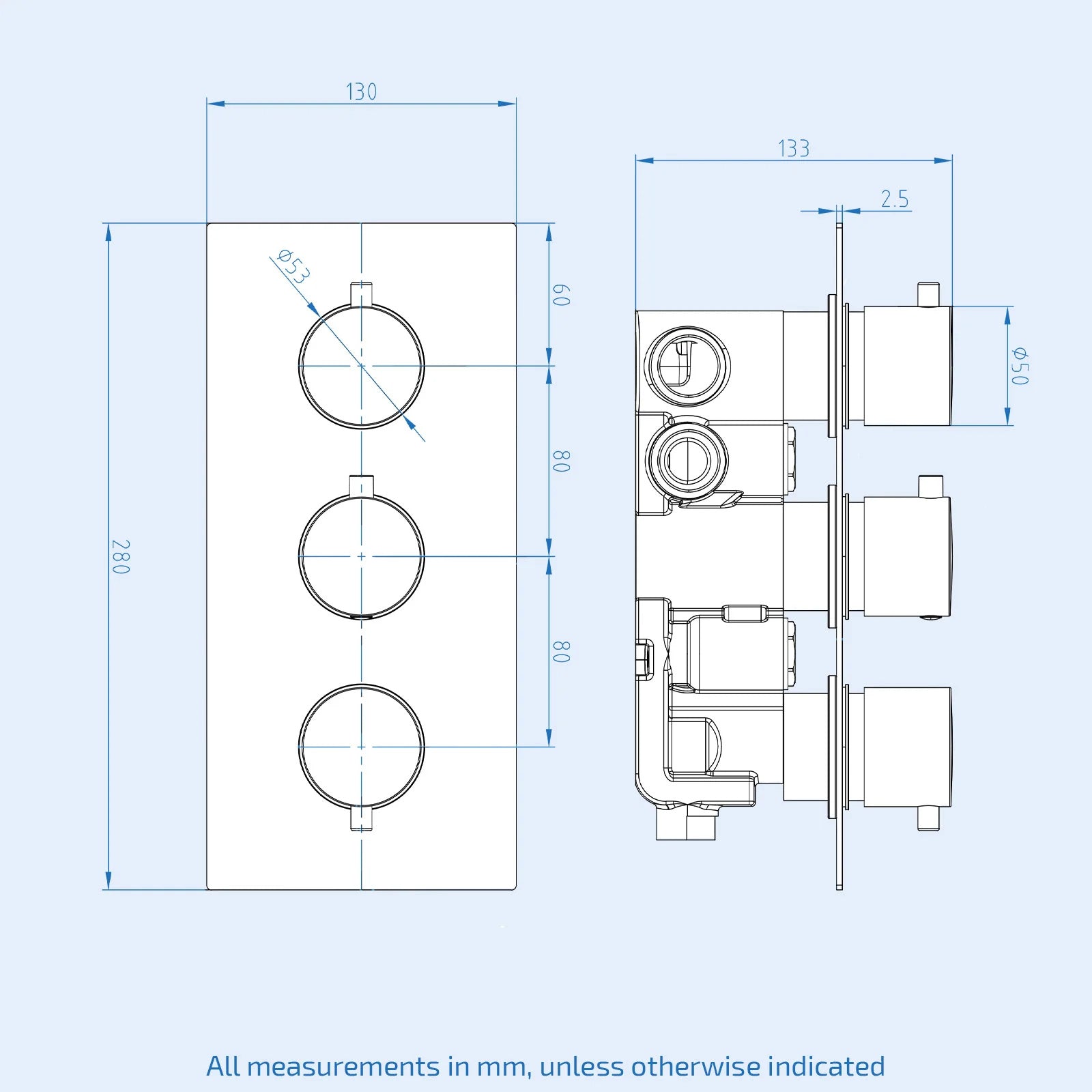 3 Dial 3 Way Concealed Thermostatic Round Shower Mixer Valve - Brushed Brass