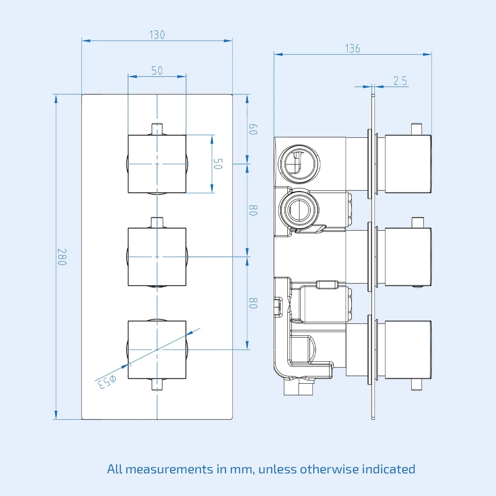 3 Dial 3 Way Concealed Thermostatic Square Shower Mixer Valve - Brushed Brass