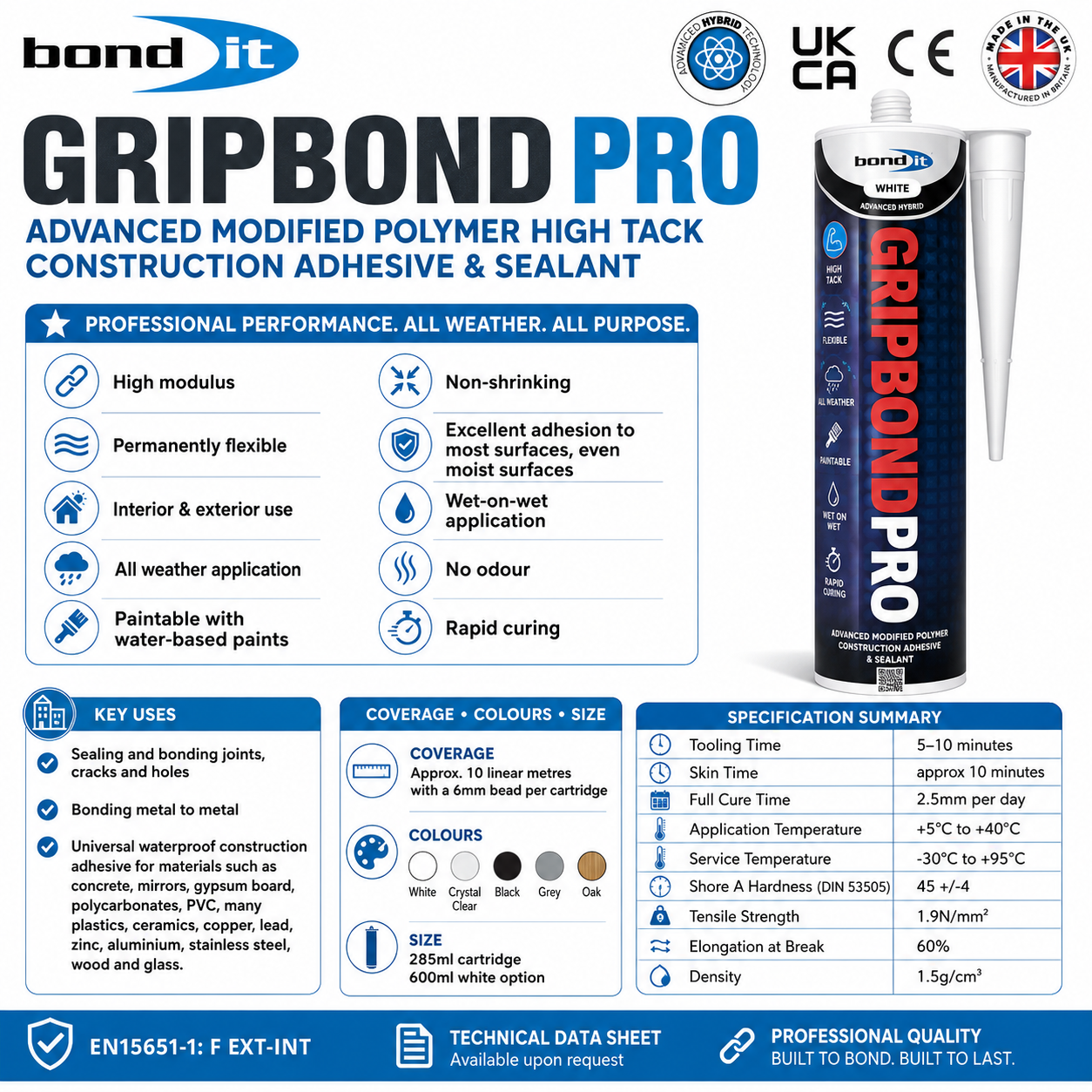 Bond It Gripbond Pro Hybrid Adhesive 300ml - White, Black, Grey, Clear