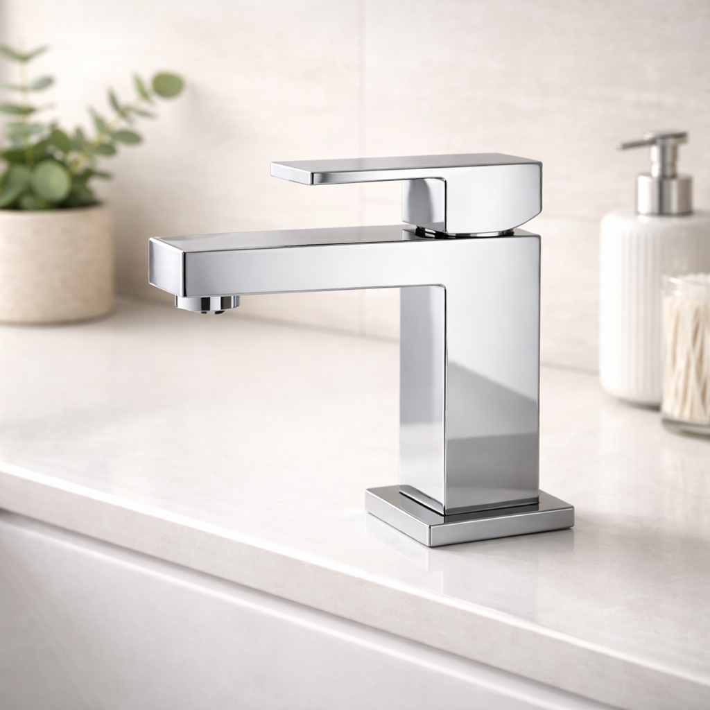 Cube Square Freestanding Bath Shower Mixer Tap, Basin Sink Mixer Tap & Push Button Slotted Basin Waste Set
