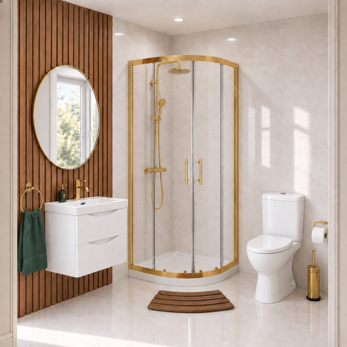 Enclosure Suite - 900mm Quadrant Screen with 600mm 2 Drawers Wall Hung Vanity Unit & Close Coupled Toilet - Set with Brushed Brass Fittings