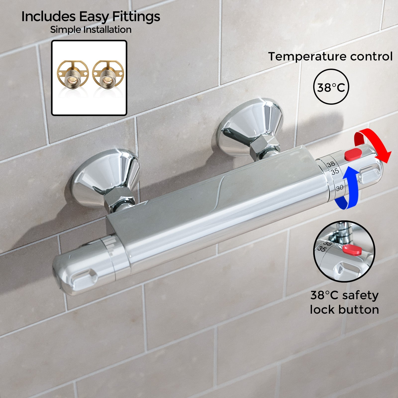 Exposed Shower Thermostatic Bar Mixer Valve Chrome