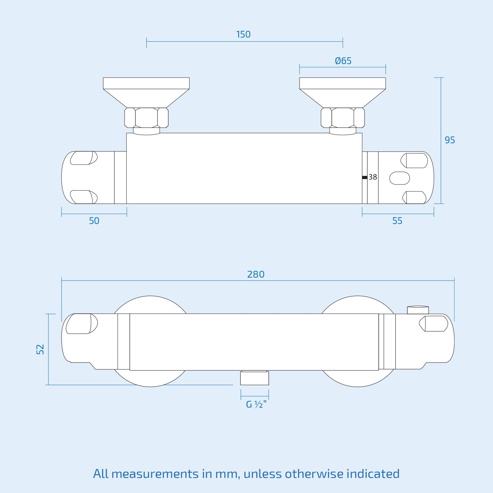 Exposed Shower Thermostatic Bar Mixer Valve Chrome