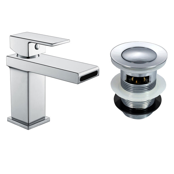 Modern Cloakroom Basin Sink Square Waterfall Mono Mixer Tap & Waste