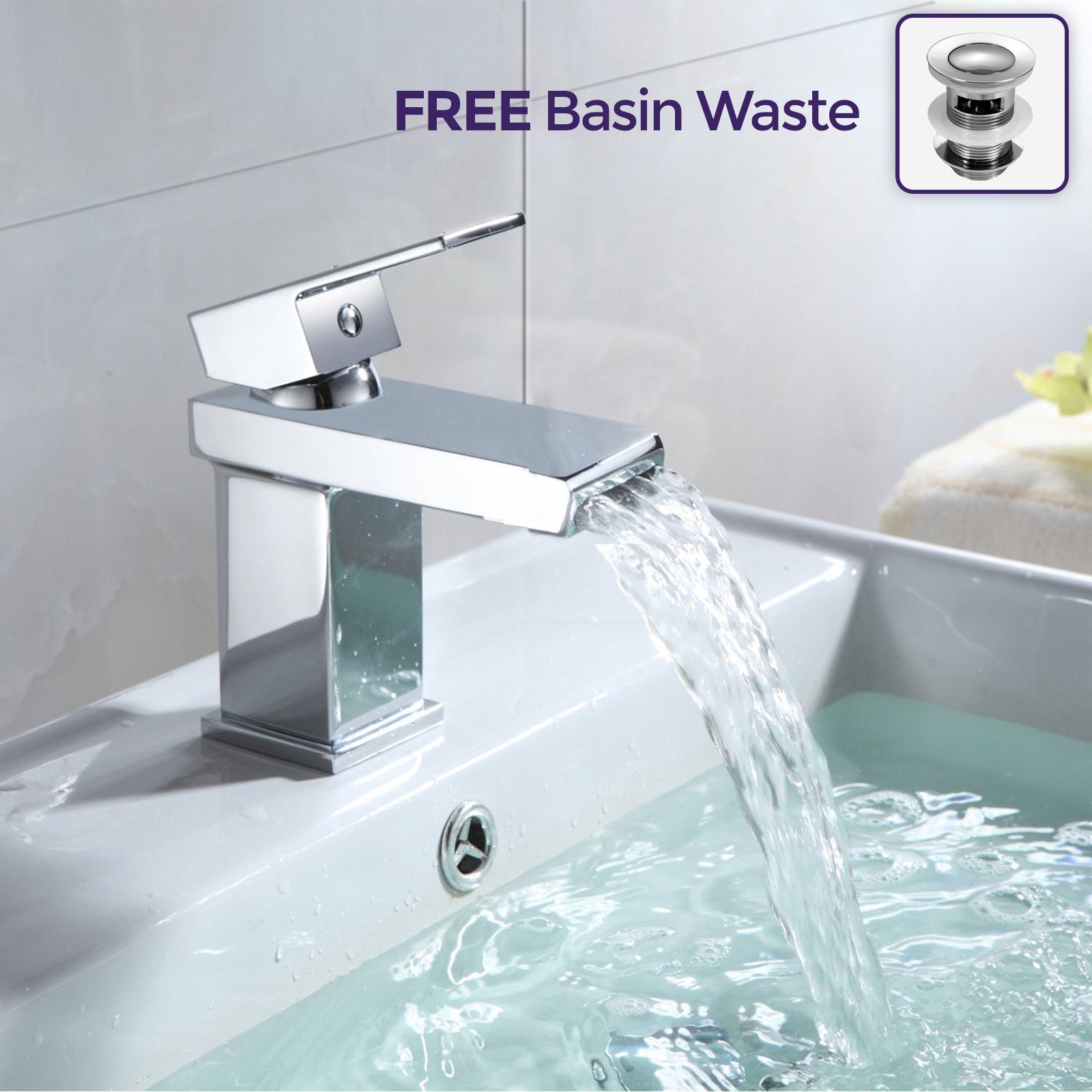 Modern Cloakroom Basin Sink Square Waterfall Mono Mixer Tap & Waste