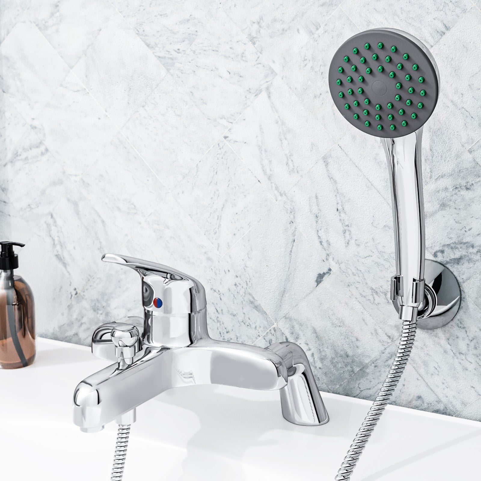 Studio Contemporary Set Of Twin Basin Taps & Bath Shower Mixer Tap With Handheld Kit