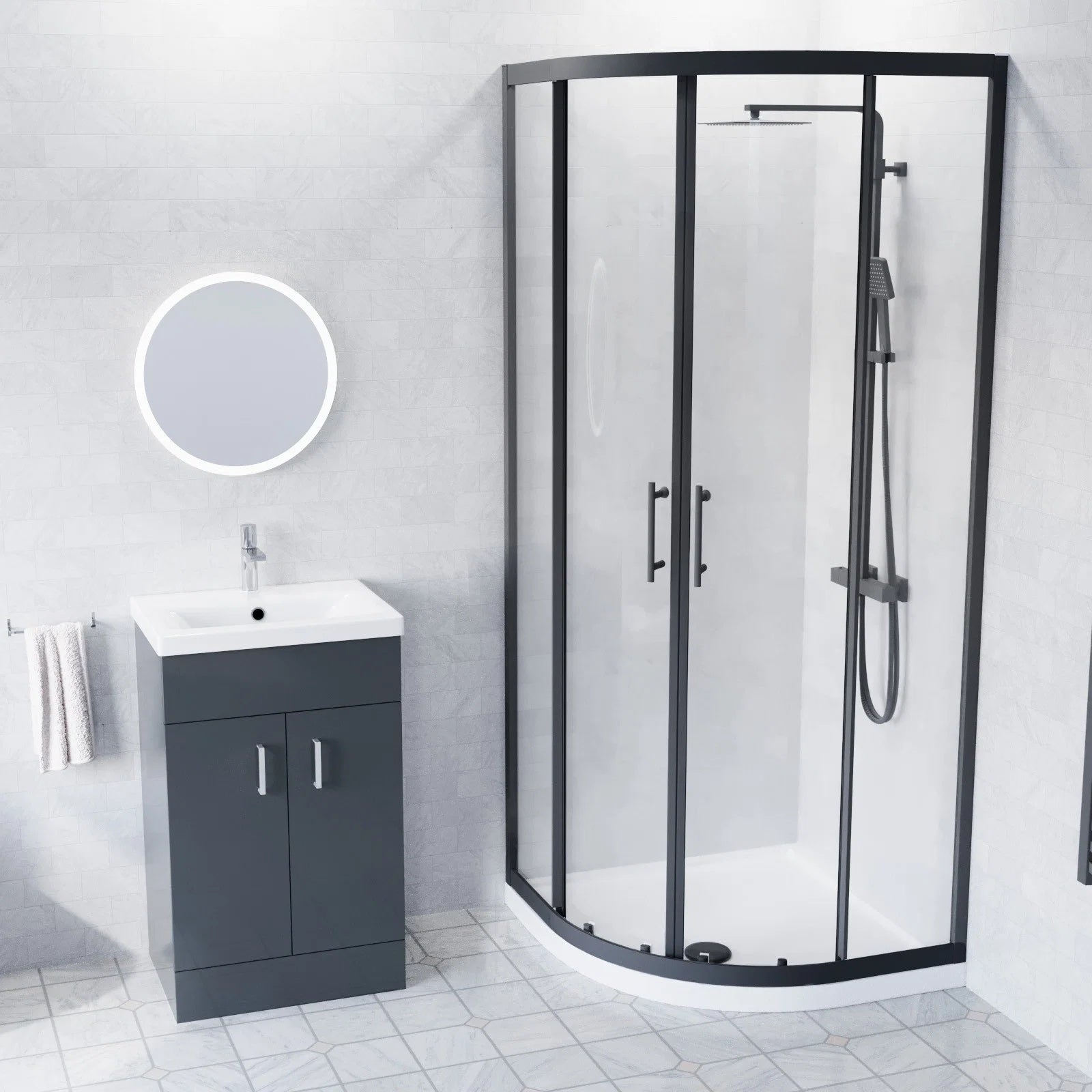 500mm Floor Standing Vanity With Ceramic Basin & Close Coupled Toilet, 900mm Quadrant Screen