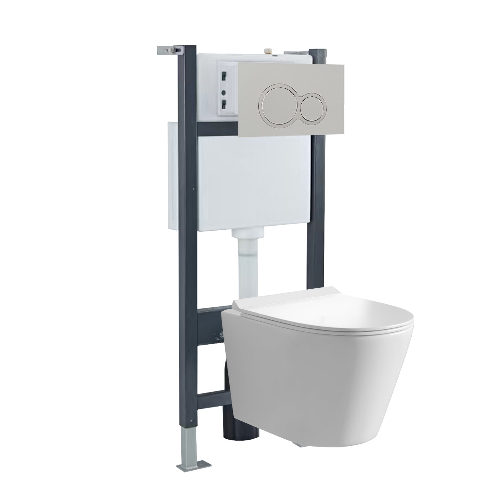 White Round Wall Hung Toilet With Frame & Round Button Flush Plate