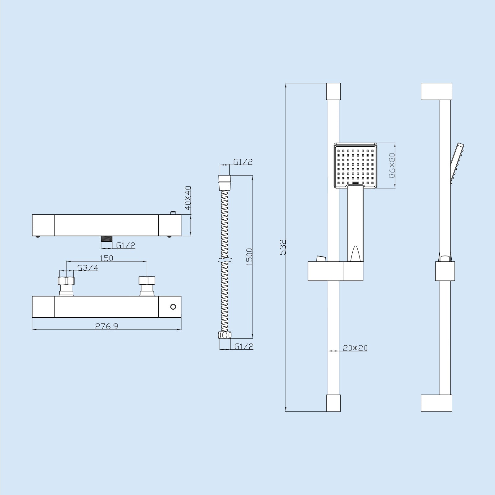 Chrome Square Thermostatic Mixer With Slider Rail & Handset