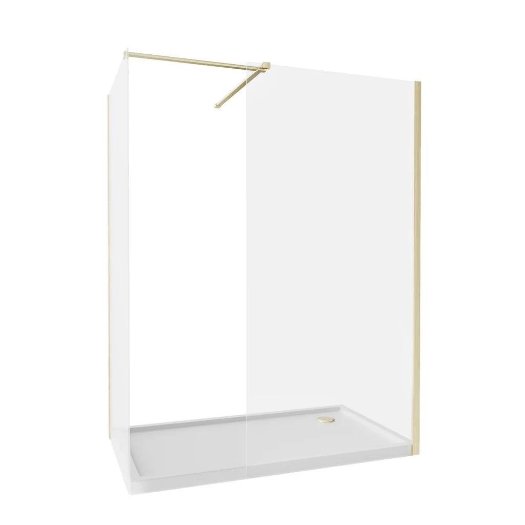 Brushed Brass 900 x 800mm Wet Room Screen 8mm Tempered Glass with Tray
