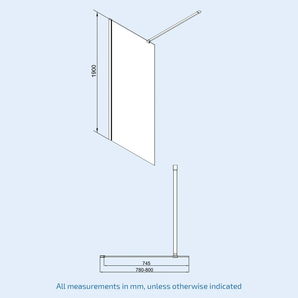 Brushed Brass 900 x 800mm Wet Room Screen 8mm Tempered Glass with Tray