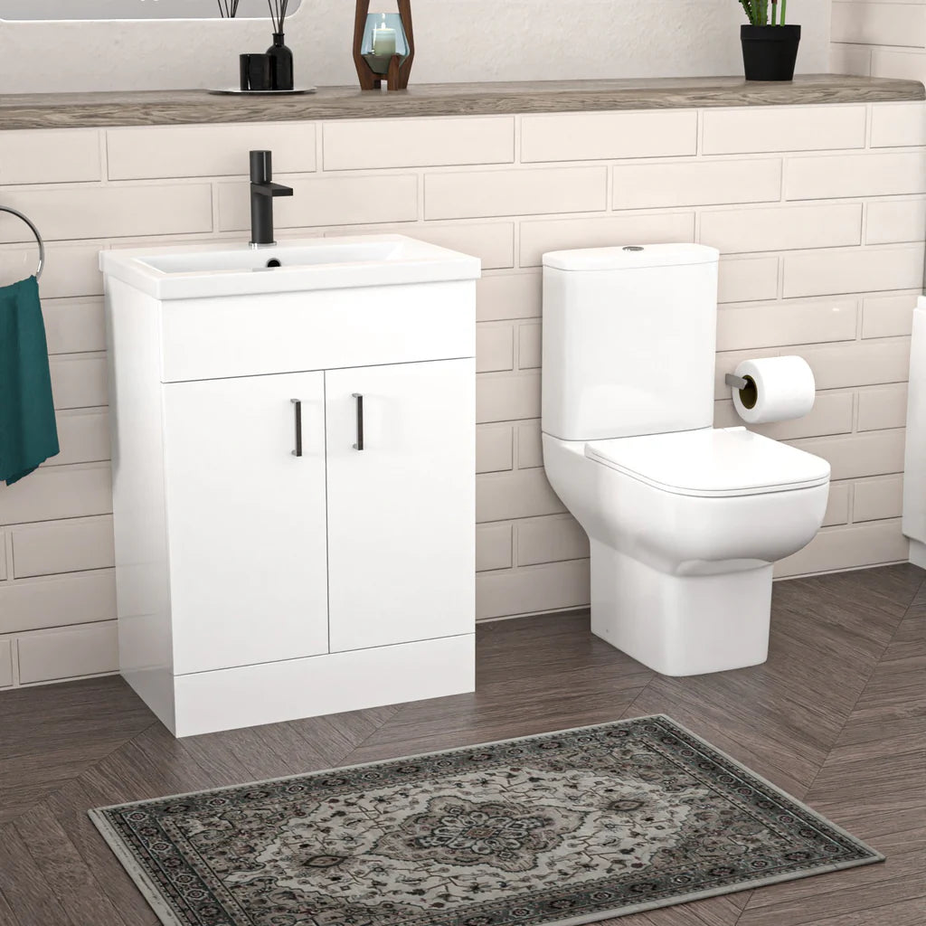 P-Shaped Left Hand Bath with Panel & Screen, 600mm Floor Standing Vanity with Toilet