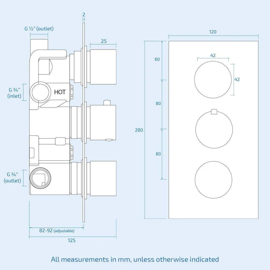 FLORA 3 Way Round Concealed Thermostatic Mixer Valve Hand Shower Bath filler