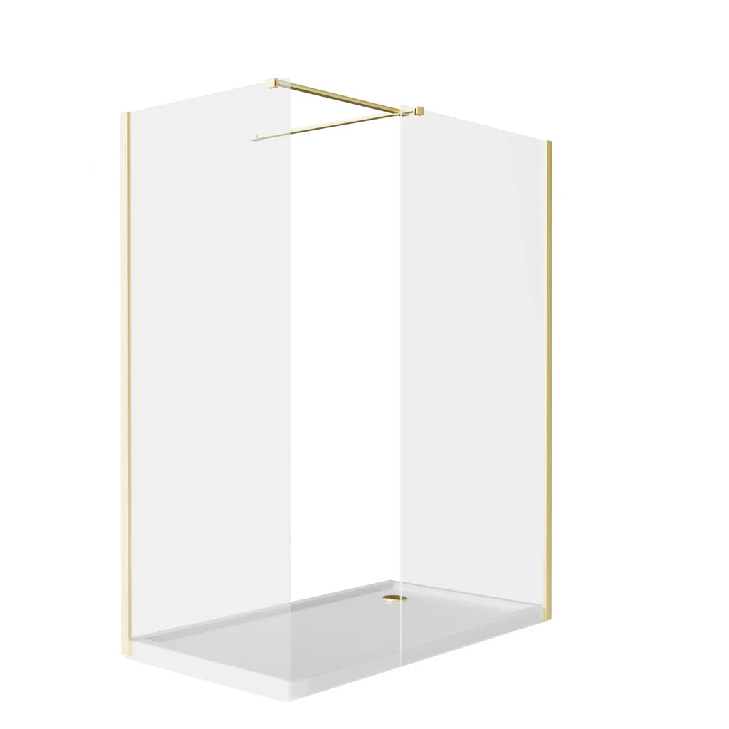 Brushed Brass 900 x 800mm Wet Room Screen 8mm Tempered Glass with Tray