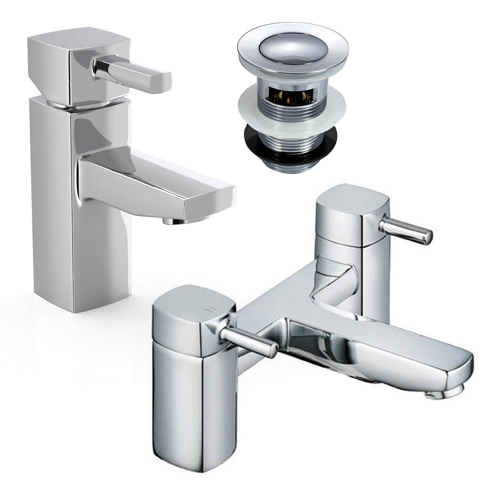Newport Square Basin Sink Mono Mixer Tap & Bath Filler Tap with Waste