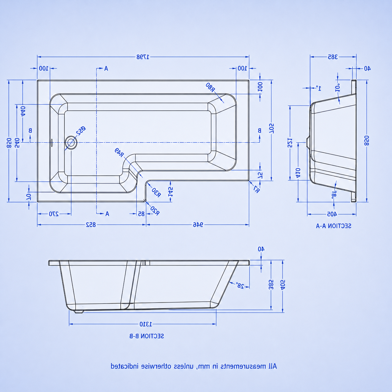 1800mm x 850mm L Shaped RH Curved Shower Bath Acrylic & Front Panel