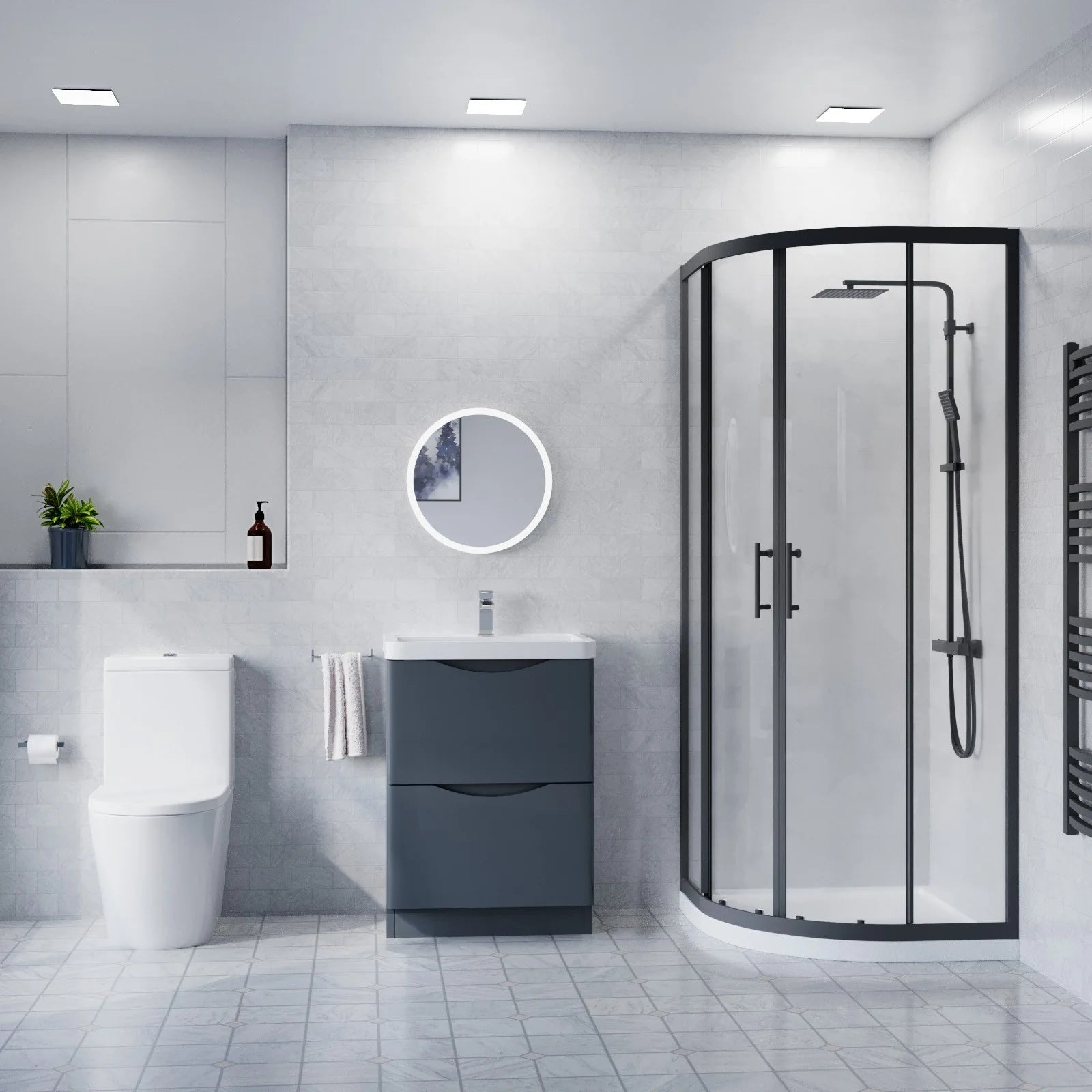 Afern 600mm 2-Drawer Freestanding Anthracite Vanity with Close Coupled Toilet & 800mm Quadrant Screen
